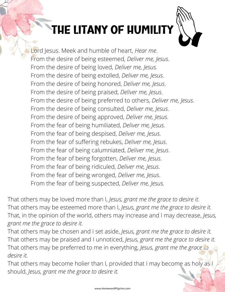 Litany of Humility Prayer PDF with pink flowers on the upper left and lower right