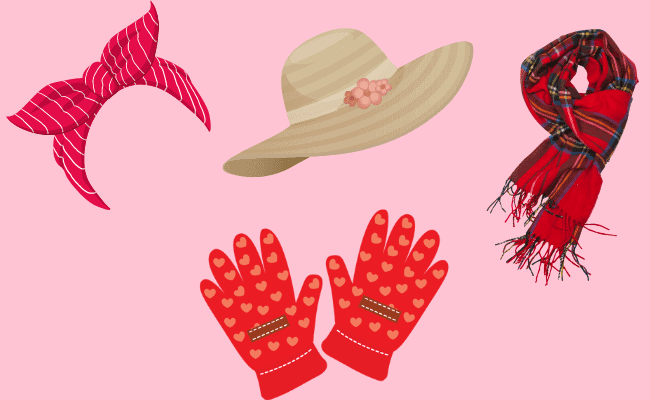 a photo of a headband, a hat, a scarf, and a pair of gloves