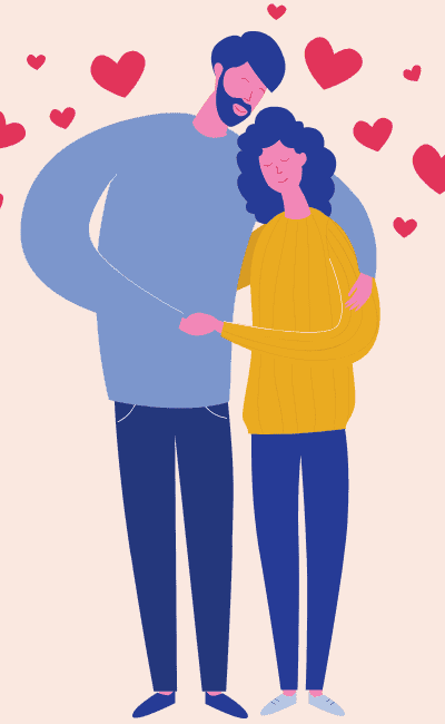 a photo of woman and man holding hands with hearts over them