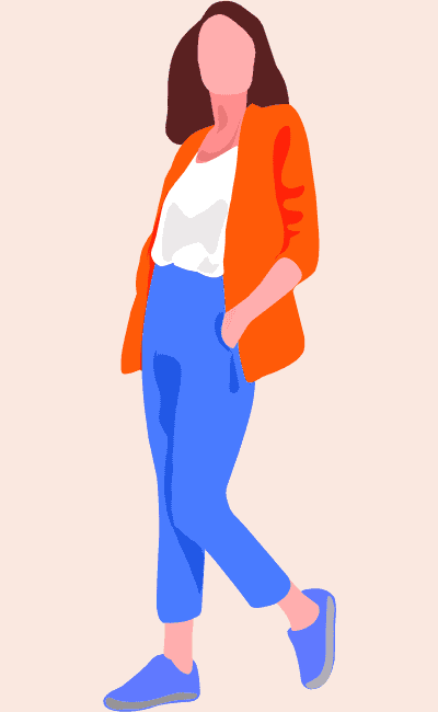 a photo of a woman in blue in blue pants, blue shoes, white shirt, and red blazer.