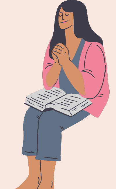 a photo of a woman praying with a Bible on her lap