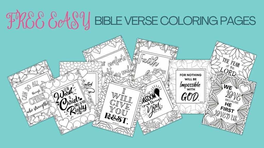 mock up of FREE easy Bible verse coloring pages containing 10 pages of Bible verse coloring pages